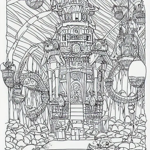 Image similar to adult coloring page of a fantasy adventure by Studio Ghibli
