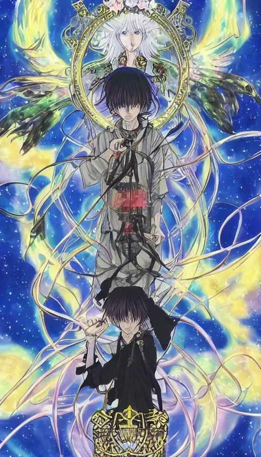 Image similar to anime tarot card based on the card Judgement, drawn by hideaki anno, beautiful lines, cosmic, psychedelic, detailed