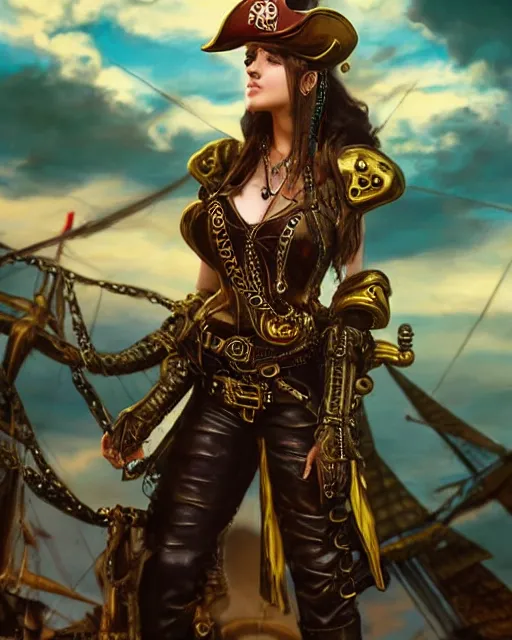 Prompt: a beautiful young female steampunk pirate wearing leather armor on gold and red trimmings on green, very cool pose, pirate ship with an epic sky background, slightly smiling Charlie Bowater Annie Leibovitz, zhuoxin ye, cinematic lighting and composition, fantasy painting, very detailed, ornate, 8k trending on artstation and pinterest, deviantart, google images