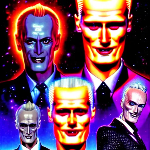 Prompt: uhd hyperrealistic photorealisitc detailed image of cosmic max headroom with sparking, busted, broken cybernetic implants, correct face, matt frewer as max headroom by ayami kojima, amano, karol bak, and ferdinand knab.