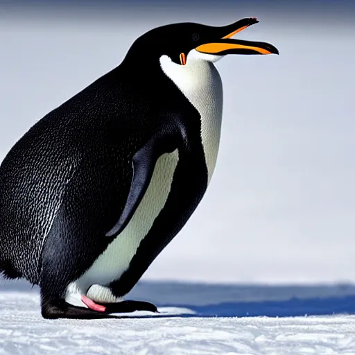 Image similar to hyperrealistic photo of a penguin with dangerous tusks, an arctic wildlife photographer's picture, extremely detailed feathers, impressive shading, snowscapes in the background