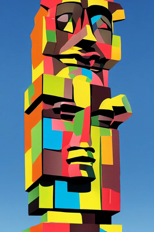 Image similar to cubist moai statue cutout digital illustration cartoon colorful beeple