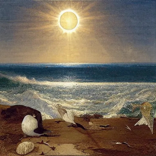 Image similar to A beautiful land art of a blue ocean with waves crashing against the shore. The sun is shining brightly and there are seagulls flying in the sky. golden by Ayami Kojima, by Philippe de Champaigne, by Richard Dadd chaotic