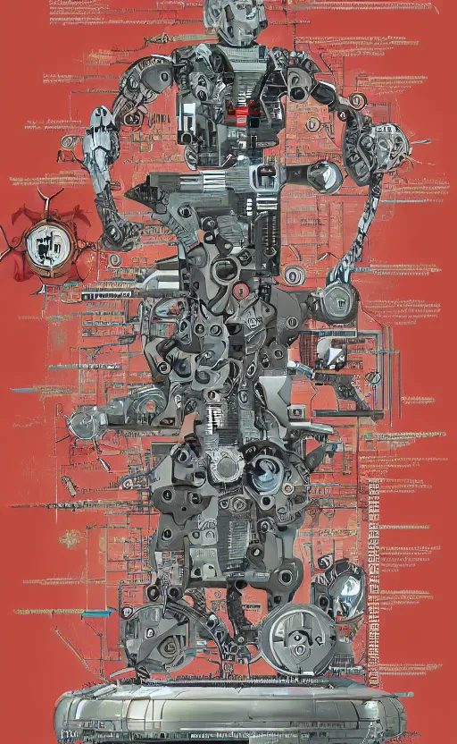 Image similar to anatomy of the terminator, robot, cyborg, t 1 0 0, arc reactor, bloodborne diagrams, mystical, intricate ornamental tower floral flourishes, rule of thirds, technology meets fantasy, map, infographic, concept art, art station, style of wes anderson