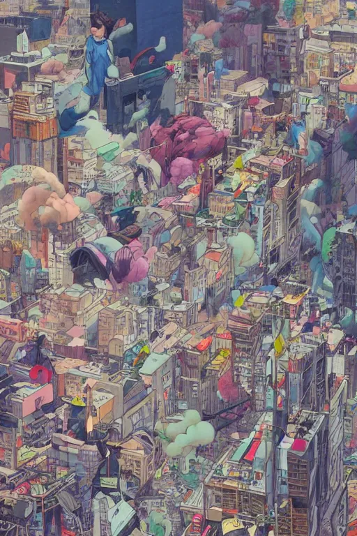 Prompt: people in a busy city covered with graffiti clouds, professional illustration by james jean, painterly, yoshitaka Amano, hiroshi yoshida, moebius, loish, painterly, and artgerm, illustration