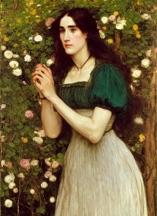 Prompt: a beautiful painting of jennifer connelly by John Everett Millais and Dante Gabriel Rossetti and John Collier and john william waterhouse, pre-raphaelite, detailed, hd