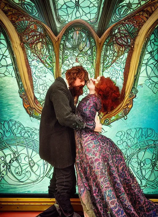 Prompt: detailed colourful masterpiece of intricate art nouveau preraphaelite photography by anne leibovitz couple portrait sat down extreme closeup, love, inside an underwater train, detailed realistic expressions, wearing unusual clothes, ultra wide angle