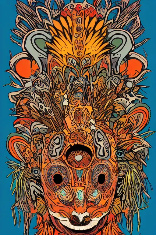 Image similar to animal mask totem roots flower tribal feather gemstone plant wood rock shaman vodoo video game vector cutout illustration vivid multicolor borderlands comics by josan gonzales and dan mumford radiating a glowing aura