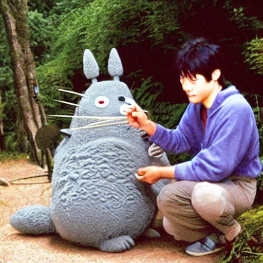 Image similar to A behind the scenes on set photo of the making of 'Totoro' by Miyazaki