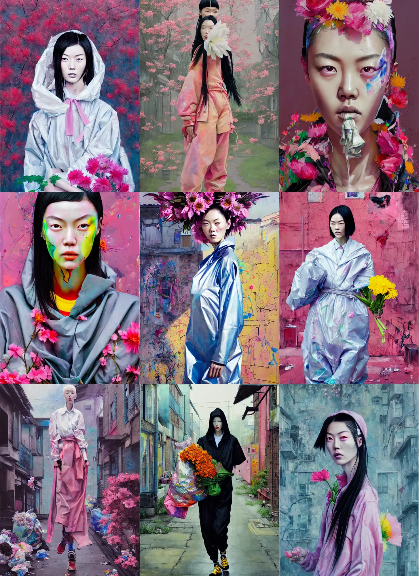 Image similar to still from music video of liu wen from die antwoord standing in a township street, wearing a trashbag garbage bag and flowers, street fashion, full figure portrait painting by martine johanna, ilya kuvshinov, rossdraws, pastel color palette, detailed impasto brushwork, impressionistic