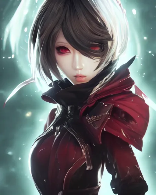 Prompt: beautiful portrait of code vein character, tzuyu from twice in code vein in the paintetly style of WLOP, artgerm, yasutomo oka, rendered in unreal engine , dynamic dramatic lighting, imagine fx, artstation