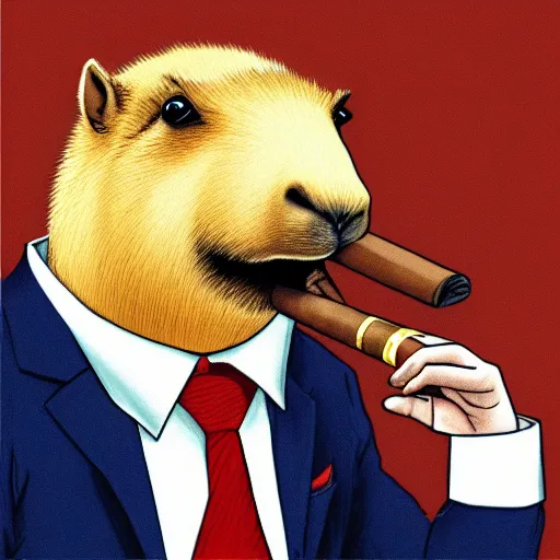 Prompt: an antropomorphic accurate capybara wearing a business suit and smoking a cigar in his mouth