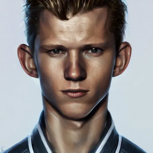 Image similar to portrait of tom holland as a man by greg rutkowski, he is about 3 0 years old, short blond hair, athletic and strong, straight jaw, looking puzzled, wearing futuristic space gear, highly detailed portrait, digital painting, artstation, concept art, smooth, sharp foccus ilustration, artstation hq.