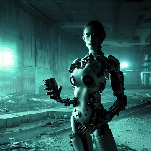Prompt: stunning, breathtaking, awe-inspiring award-winning photo of an attractive biomorphic female cyborg in a desolate abandoned post-apocalyptic industrial city at night, extremely moody blue lighting, Unreal Engine