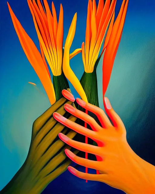 Prompt: neo-surreal painting of very detailed veiny human hands holding Birds of Paradise flowers robert steven connett dramatic orange light 8k high angle shallow depth of field