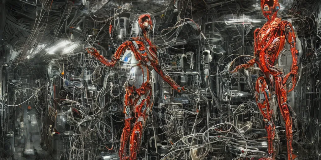 Image similar to cyborg in the data center, wired to the equipmen, red biomechanical details, wearing epic bionic cyborg implants, inflateble shapes, masterpiece, intricate, biopunk, highly detailed, artstation, concept art, cottage core, cinematic focus, polaroid photo, bleached, vintage, high - key lighting, soft lights, foggy, by tarkovsky, 8 k