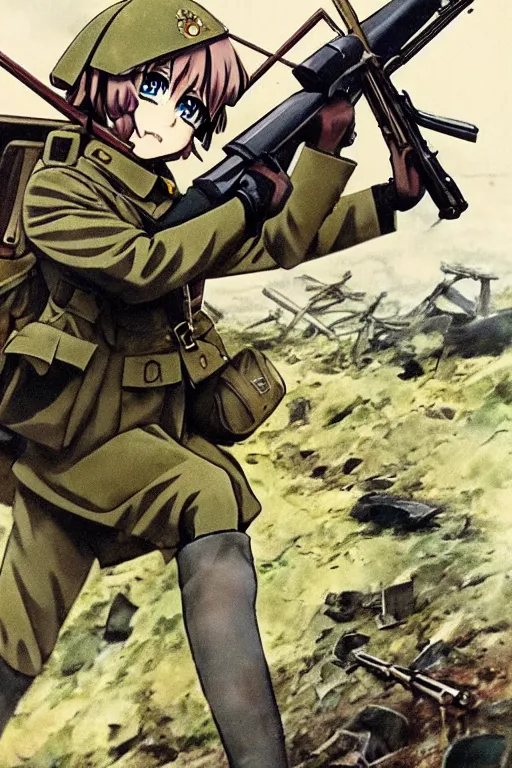 Image similar to anime key visual of tanya degurechaff aiming down a bolt action rifle, official digital media illustrated by artist so - bin, 1 9 1 8 colorized footage of the great war, trenches bombs, trending on artstation