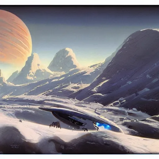 Image similar to Frozen frontiers on an alien planet, mountains above clouds in the background, Syd Mead, John Harris, Federico Pelat,