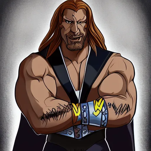 Prompt: Head-to-shoulder shot of Triple H as a Disney villain, Disney, Triple H, wrestling, WWE, Disney style, 2d, Disney 2d animation, digital 2D animation, traditional animation, Disney style, Disney animation, Deviantart, very coherent symmetrical artwork, heroic look, artstation, villain, brightly colored