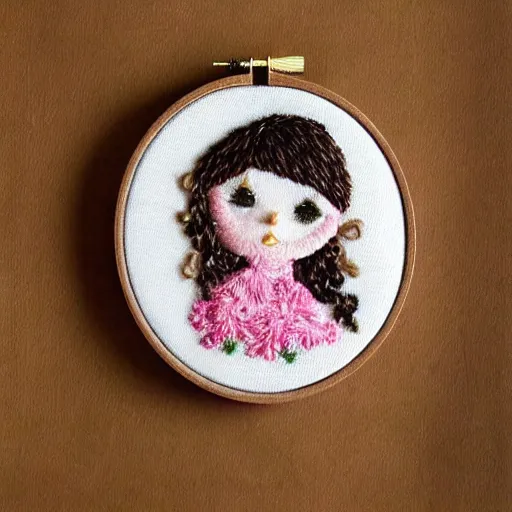 Image similar to a tiny beautiful handmade embroidery of a little girl with brown curly hair. hand embroidery.