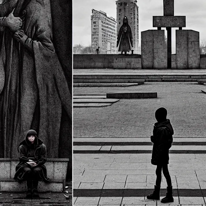 Prompt: sadie sink in hoodie sits on bench in ruined square, pedestrians walk by, soviet monument and propaganda posters. storyboard, scifi cyberpunk. by gabriel hardman. cinematic atmosphere, detailed and intricate, perfect anatomy