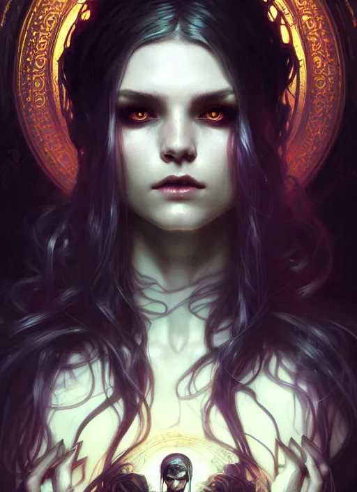 Image similar to Necromancer Sorceress, fantasy magic, undercut hairstyle, dark light night, intricate, elegant, sharp focus, illustration, highly detailed, digital painting, concept art, matte, art by WLOP and Artgerm and Greg Rutkowski and Alphonse Mucha, masterpiece