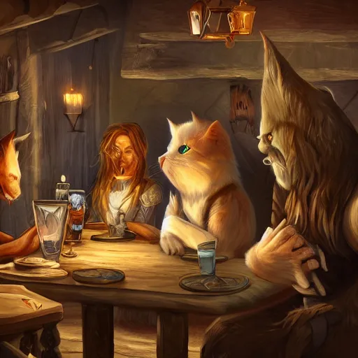 Image similar to cool cat people talking inside a tavern, fantasy art, cozy, dnd, digital art, 4 k