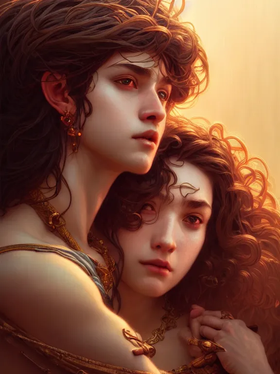 Image similar to samson and delilah, coveted, beautiful and aesthetic, intricate, unreal engine, messy hair, highly detailed, detailed face, smooth, sharp focus, chiaroscuro, renaissance illustration, artgerm, greg rutkowski, ilya kuvshinov, rossdraws, alphonse mucha, young adult light novel cover art