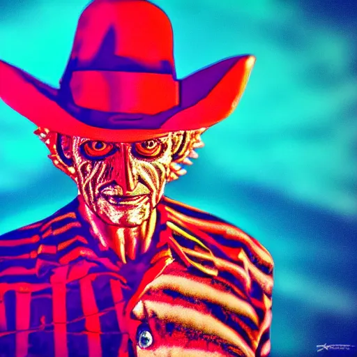 Prompt: portrait of freddy krueger, highly detailed, synthwave, outrun, 80s background, Nikon 50mm camera, cinematic photography, 8k,