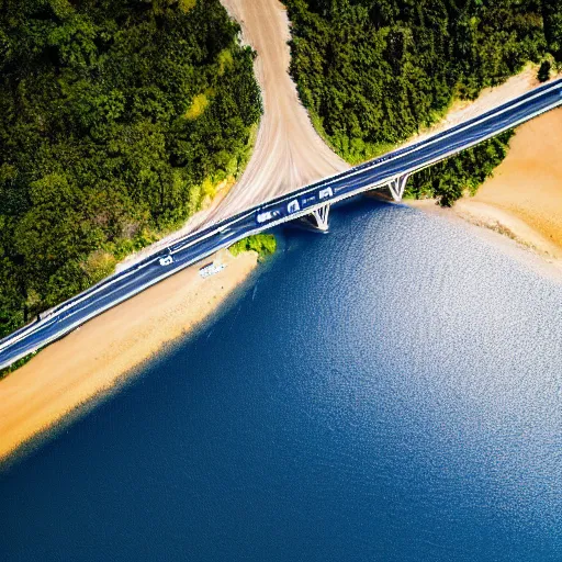 Image similar to single lane bridges winding over wide ocean of bright blue water, birds eye view