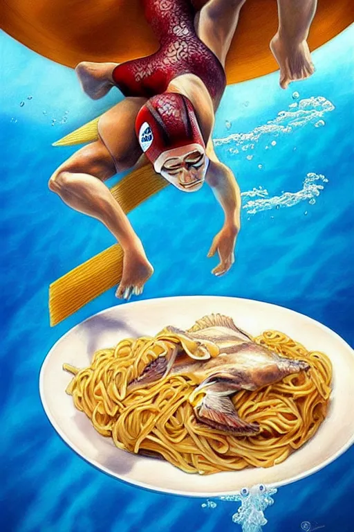 Prompt: olympic diving springoard, diver is diving head down into a dish of pasta, detailed realistic art, artgerm