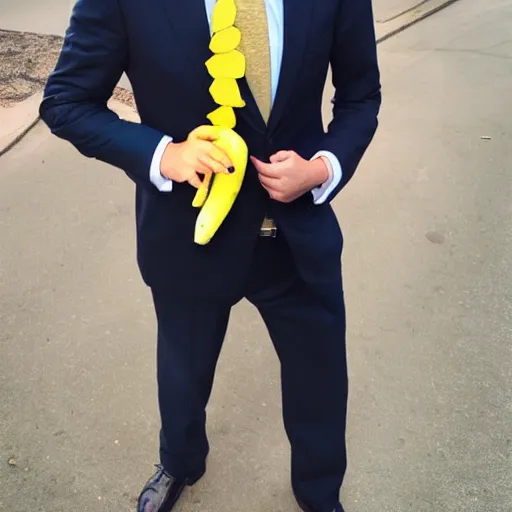 Image similar to a man wearing a suit banana head