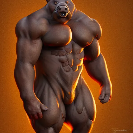 Image similar to boar - man hybrid, body builder body, furry body, hyper detailed, digital art, trending in artstation, cinematic lighting, studio quality, smooth render, unreal engine 5 rendered, octane rendered, art style by klimt and nixeu and ian sprigger and wlop and krenz cushart