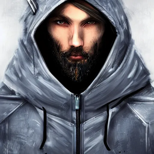 Prompt: a portrait of an ultradetailed male cyberpunk waring a hoodie, bearded, deep blue eyes, by ivan lopez, 8 k, digital painting