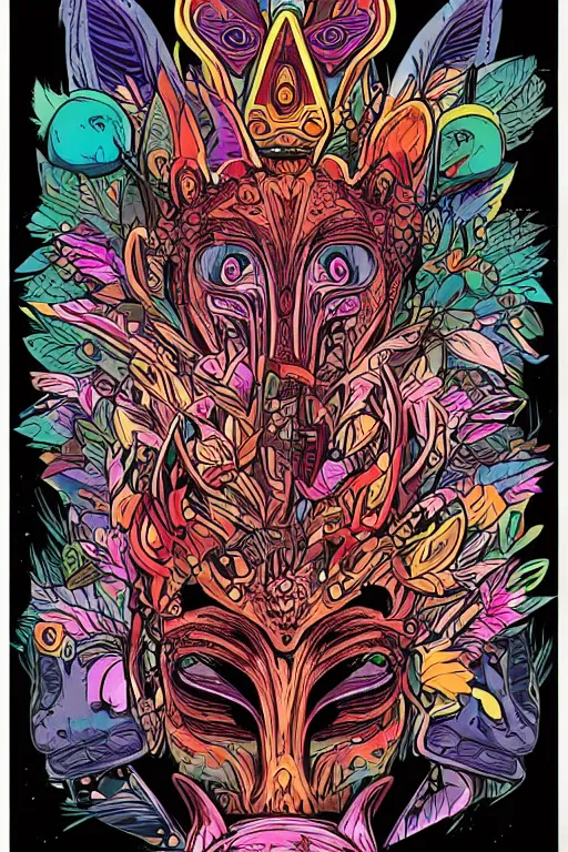 Image similar to animal mask totem roots flower tribal feather gemstone plant wood rock shaman vodoo video game vector cutout illustration vivid multicolor borderlands comics by josan gonzales and dan mumford radiating a glowing aura