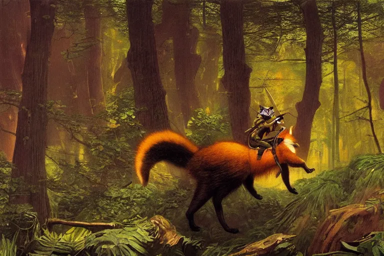 Image similar to a raccoon, foxback riding through a forest, glowing with silver light, painting by jean - leon gerome, illustration by winsor mccay, color by franz marc, today's featured photograph, 1 6 k, character design, furry art, furaffinity, realistic, detailed