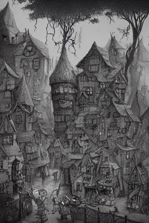 Image similar to Nightmare Village by John Kenn Mortensen, Trending on artstation, artstationHD, artstationHQ, 4k, 8k