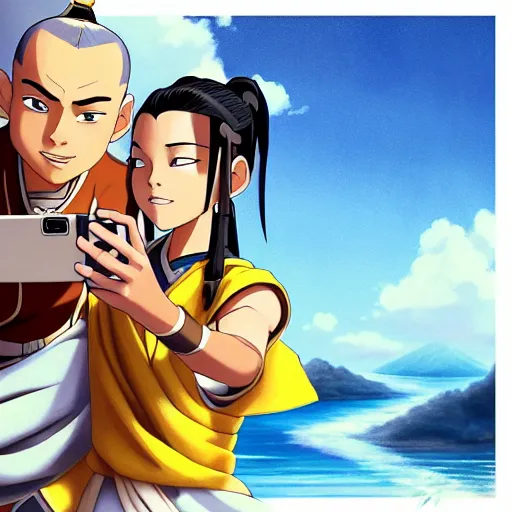Image similar to beautiful serene intricate portrait of sokka and toph from avatar the last airbender taking a selfie, smiling softly, relaxing on the beach, golden hour, soft focus, 8 k, art by irakli nadar, hyperrealism, hyperdetailed, ultra realistic