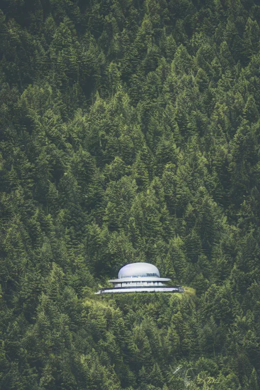 Prompt: sci fi nuclear containment buildings in a steep sided valley with trees, ufo flying around, a sense of hope and optimism, birds overhead, stark light, day time, unsplash, national geographic, hd, high res