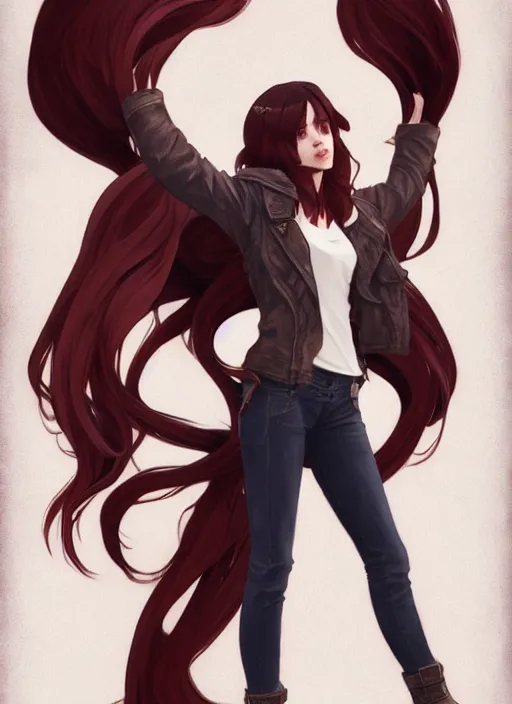 Image similar to pretty young woman with shoulder length shiny shimmering dark red hair and wearing worn leather jacket, concept art, t - pose, full body, path traced, highly detailed, high quality, digital painting, by studio ghibli and alphonse mucha, leesha hannigan, makoto shinkai, arcane