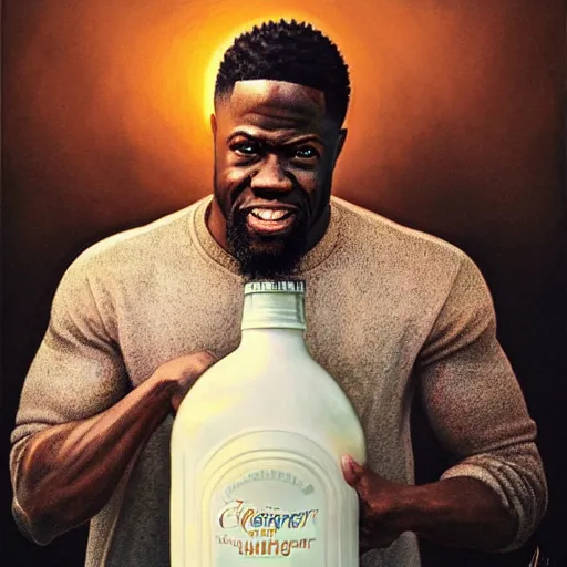 Image similar to clear portrait of kevin hart holding a gigantic bottle of milk, golden hour background, cottagecore!!, hyper detailed, character concept, full body, dynamic pose, intricate, elegant, highly detailed, digital painting, artstation, concept art, smooth, sharp focus, illustration, art by artgerm and greg rutkowski and alphonse mucha