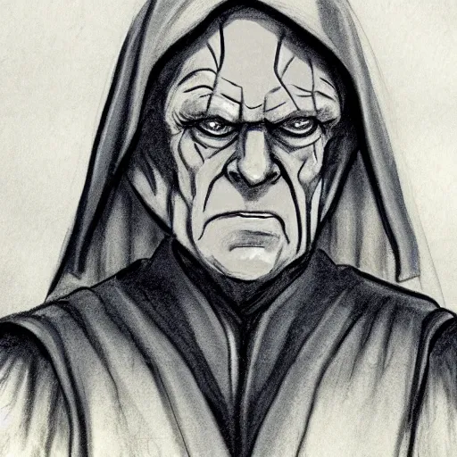 Prompt: courtroom sketch of emperor palpatine on trial