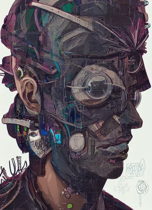 Prompt: portrait, cyberpunk hero, floating detailes, very detailed face, leaves by miyazaki, colorful palete illustration, kenneth blom, mental alchemy, james jean, pablo amaringo, naudline pierre, contemporary art, hyper detailed