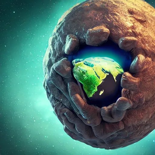 Image similar to Monster holding Earth in hand, we see his face from space, unimaginably huge, beautiful details, HDR, octane render