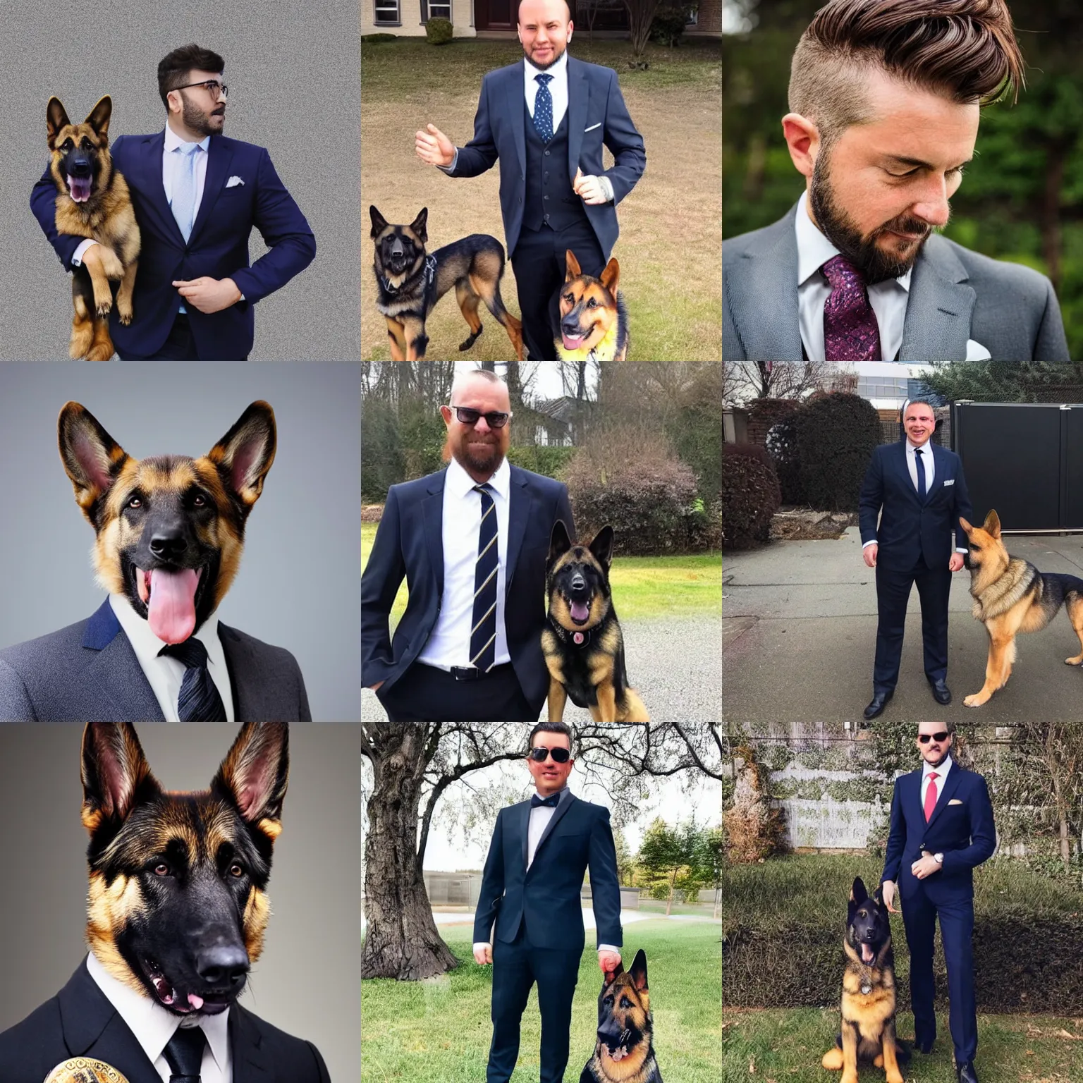 Prompt: a photo of a man in an expensive suit, he has the head of a german shepherd dog