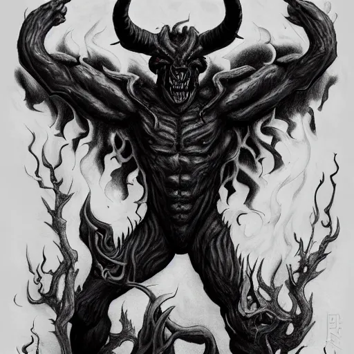 Image similar to three quarter full body shot of demon with hoofs and horns in heroic pose, engulfed in flames, greyscale tattoo by dominik mayer