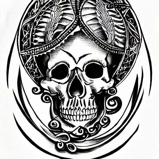 Image similar to baroque skull in the style of the Voynich manuscript outline tattoo design, black ink on white paper