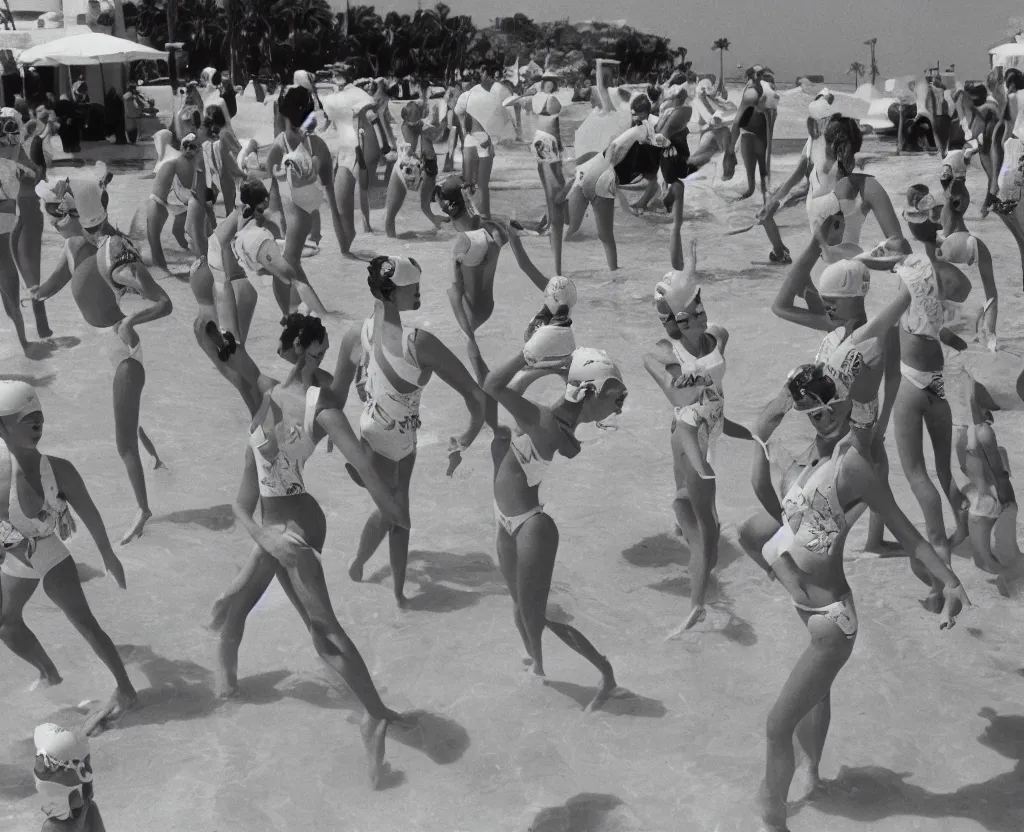 Prompt: Synchronized swimmers in hokie flintstones costumes, Pacific Beach pool, 1980 street photography