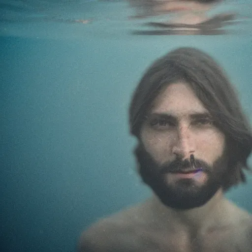 Image similar to portrait photograph of Jesus on cross underwater,super resolution. 85 mm f1.8 lens.bokeh.graflex. Alessio albi