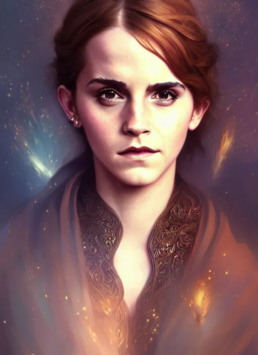 Image similar to emma watson as magic druid, shiny background, intricate, elegant, highly detailed, digital painting, artstation, concept art, smooth, sharp focus, illustration, artgerm, bouguereau